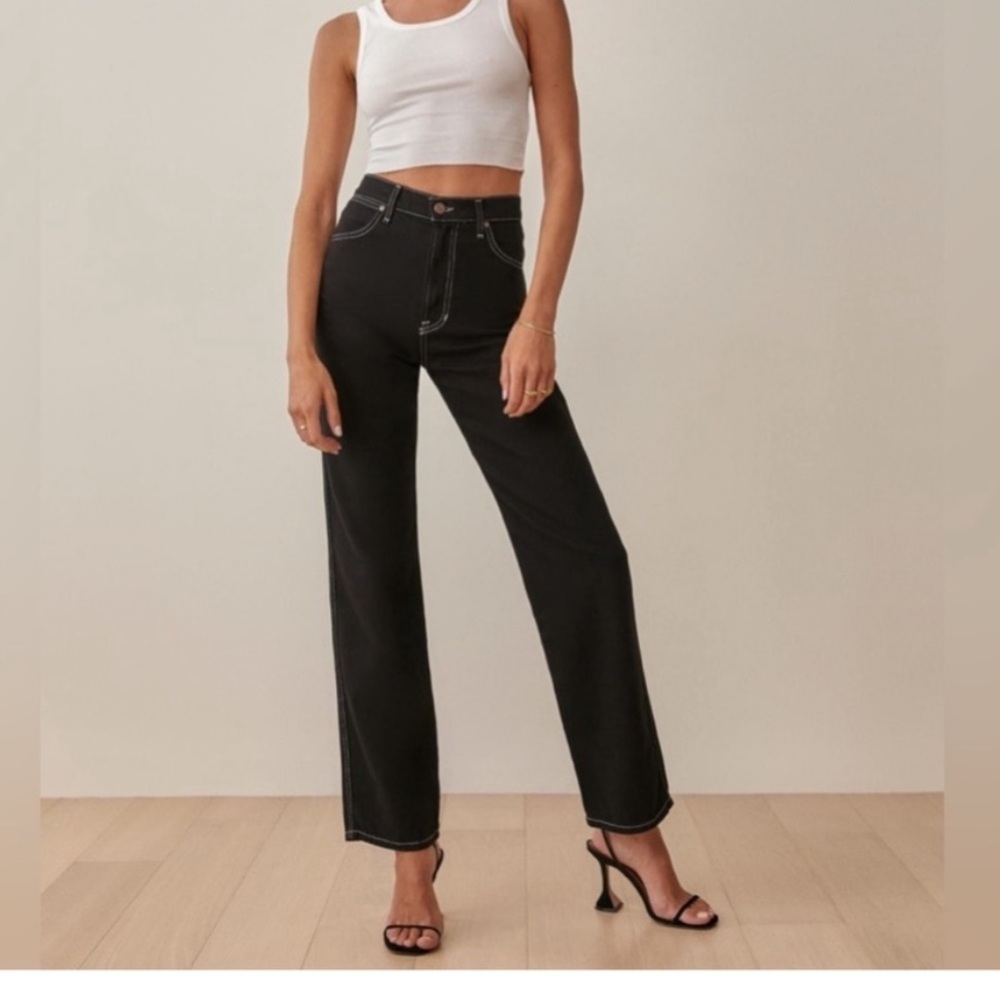 Reformation black denim jeans white stitching